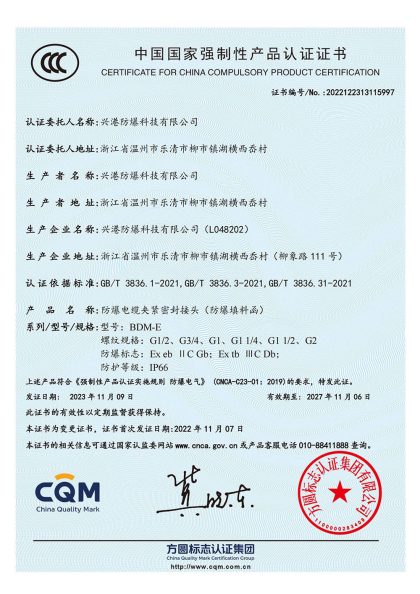 China Compulsory Product Certification 2022122313115997 for BDM-E explosion-proof stuffing glands, G1/2 to G2, Ex eb IIC Gb