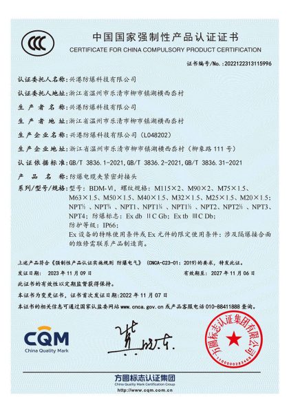 China Compulsory Product Certification 2022122313115996 for BDM-VI explosion-proof cable glands, Ex db IIC Gb and Ex tb IIIC Db, IP66