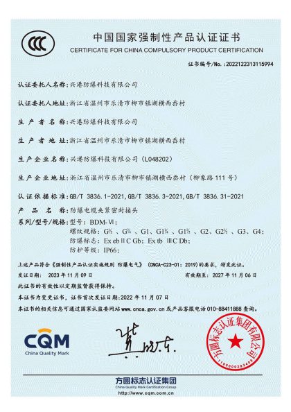 China Compulsory Product Certification 2022122313115994 for BDM-VI explosion-proof cable glands, Ex eb IIC Gb and Ex tb IIIC Db, IP66