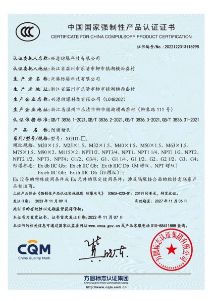 China Compulsory Product Certification 2022122313115995 for XGDT explosion-proof blanking plugs, M20 to M115, NPT and G threads