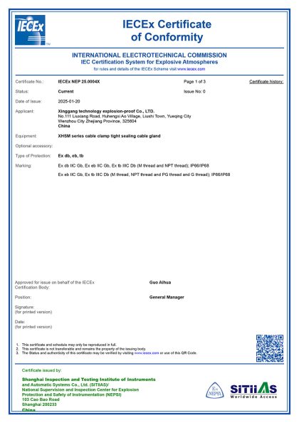 IECEx certificate of conformity IECEx NEP 25.0004X for XHSM series explosion-proof cable glands, Ex db eb tb, IP66/IP68